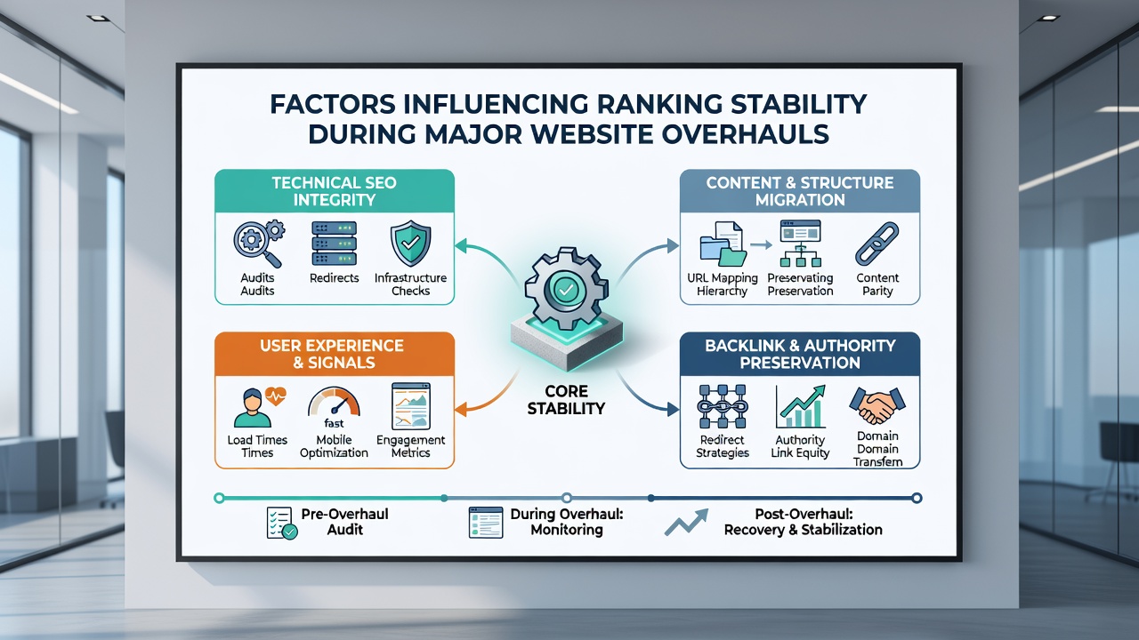 Flowchart showing how crawl budget allocation and internal linking adjustments influence ranking consistency after a site overhaul